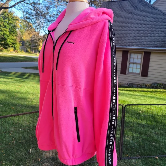 💥💥💥SALE 💥💥💥NWOT DKNY Sport Hot Pink Fleece Jacket W/Logo Tape Sleeves-3X - Picture 3 of 11